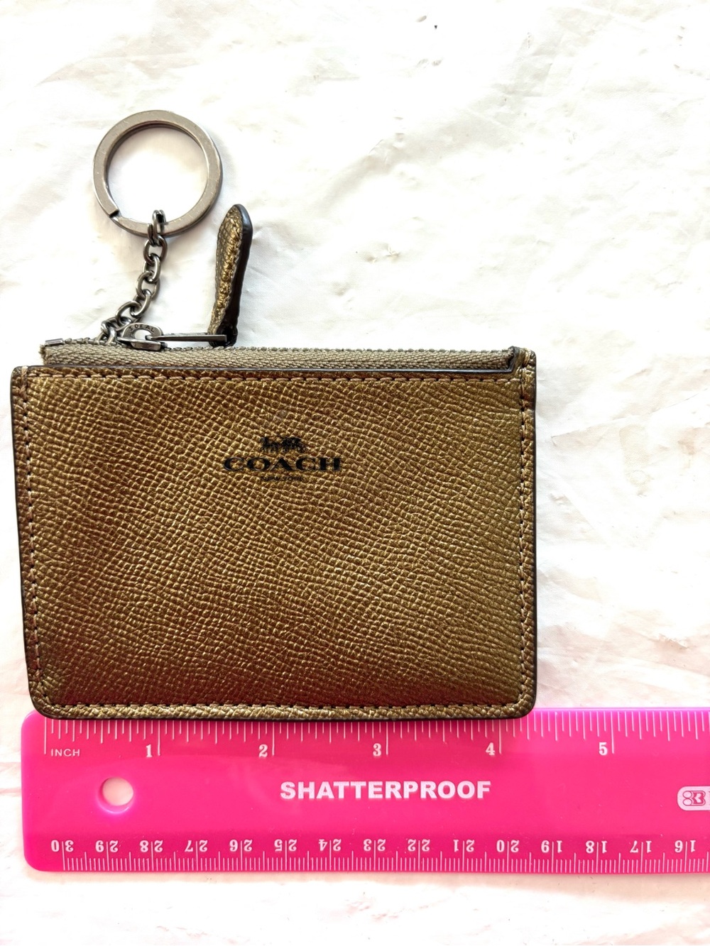 NWOT Coach Gold Metallic Pebbled Leather Zip ID Card Keychain Wallet mini